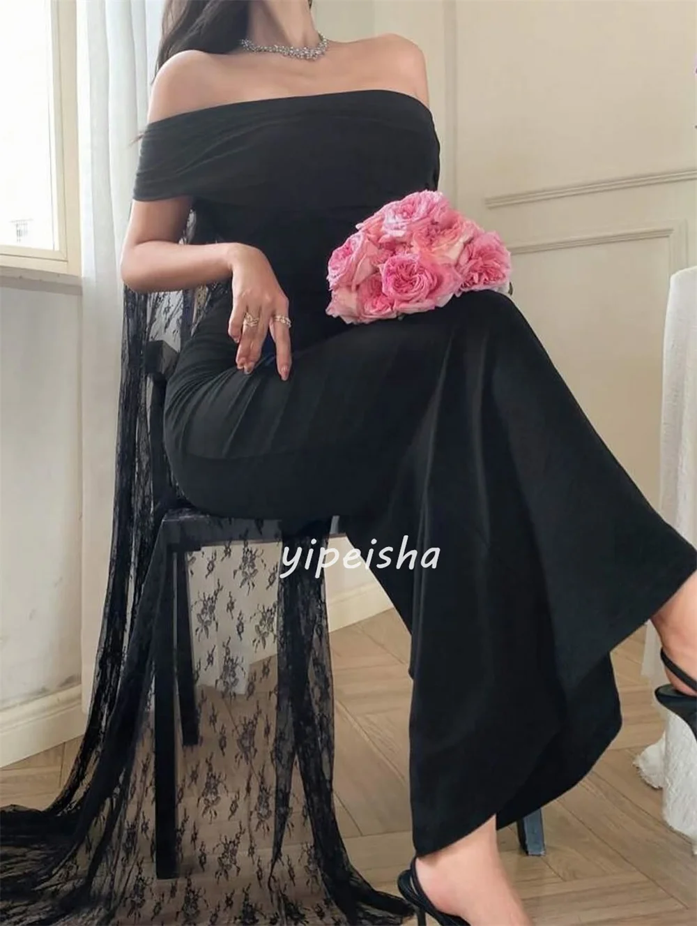 Customized Modern Style Classic Jersey Pleat Column Off-the-shoulder Ankle Length Dresses Bespoke Occasion Dresses Matching