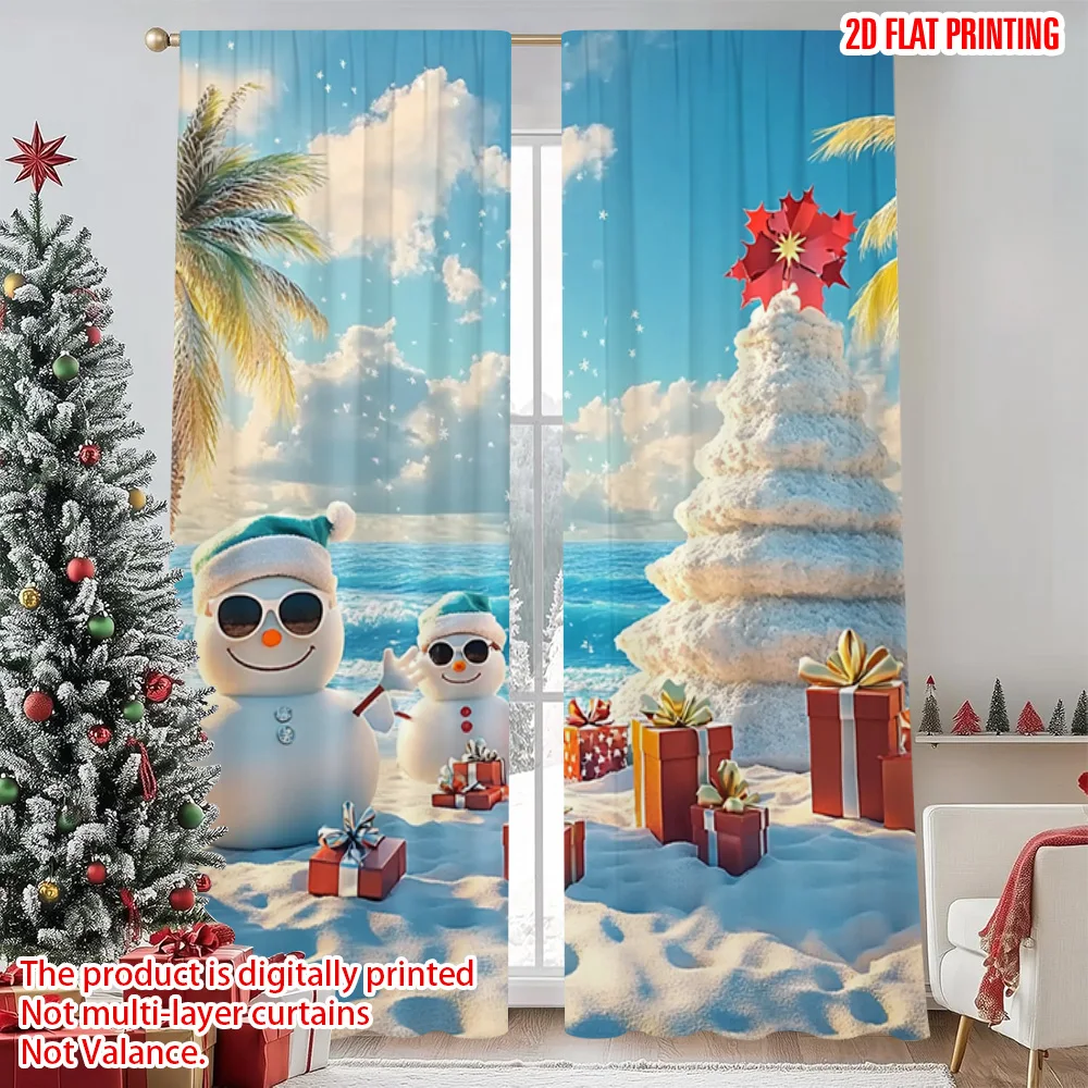 

2pcs 2D flat printing Merry Christmas Curtain Palm trees_ snowmen and gifts Versatile 100% Polyester Without Electricity Festive