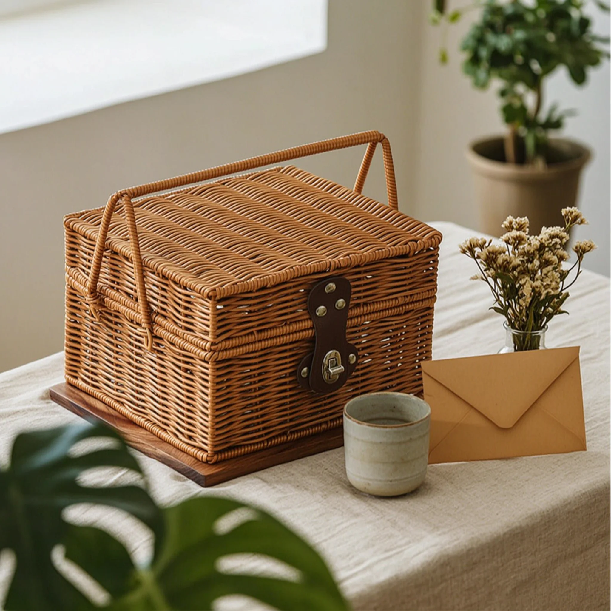 

Rectangular Picnic Basket Metal Latch Picnic Basket Outdoor Carrier Light Brown for Display