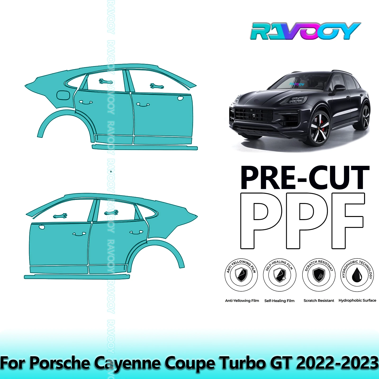 

For Porsche Cayenne Coupe Turbo GT 2022-2023 8.5mil Clear Matte Pre-Cut PPF Door & A/B Pillar Kit TPU Paint Protection Film Set