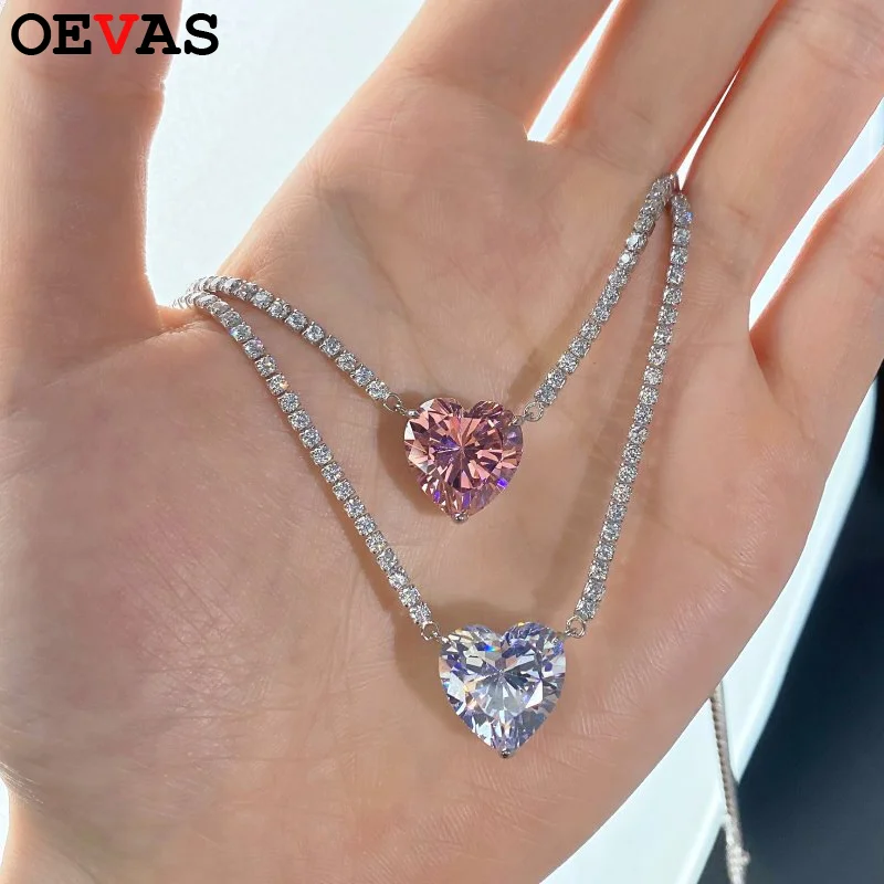 

OEVAS 14x14mm Heart Cut Zircon Necklace 100% 925 Sterling Silver Sparkling Lab Diamond For Women Wedding Party Fine Jewelry