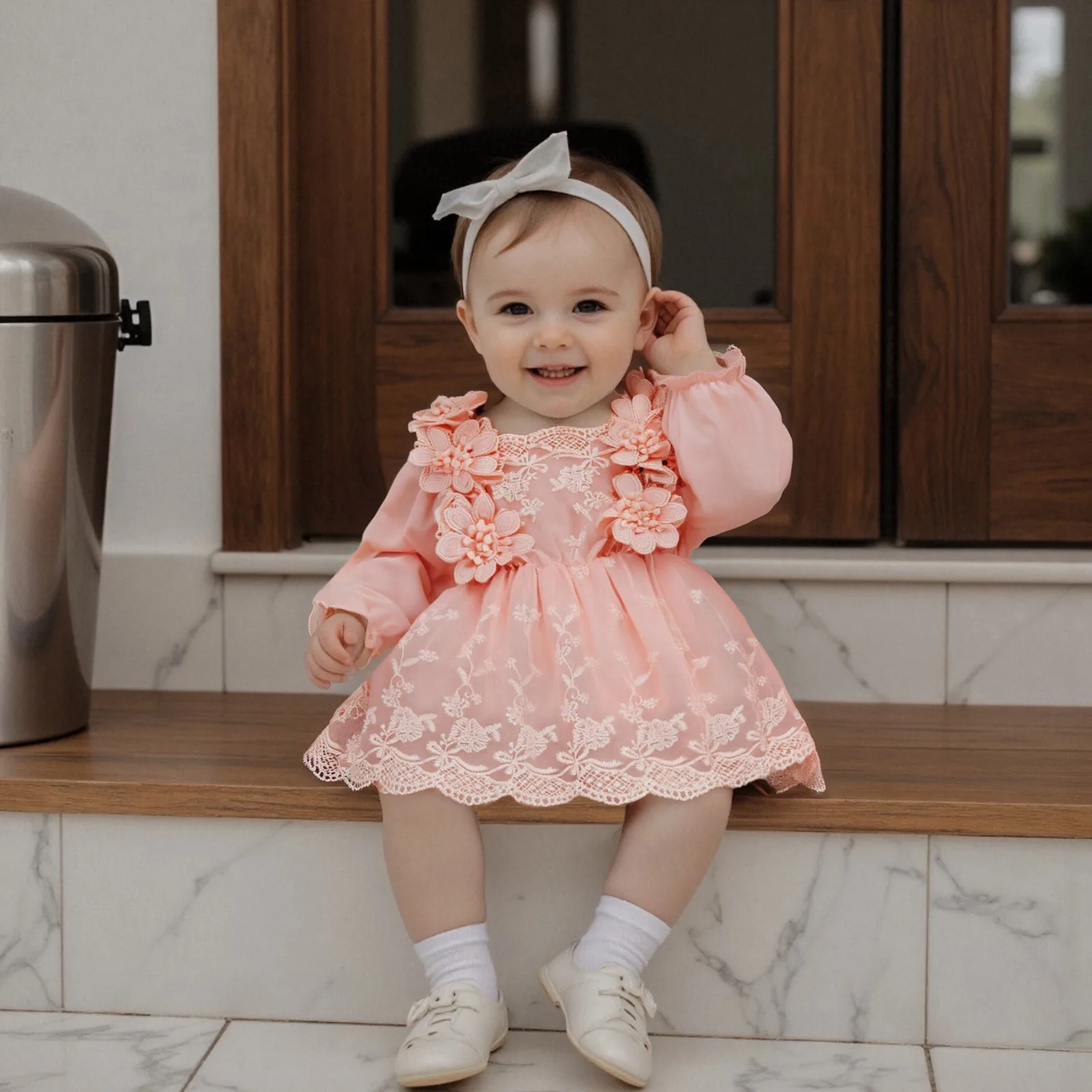 Baby Girls Fall Romper Dress 3D Lace Flowers Mesh Patchwork Long Sleeve Jumpsuits for Newborn Infant Fashion Clothes