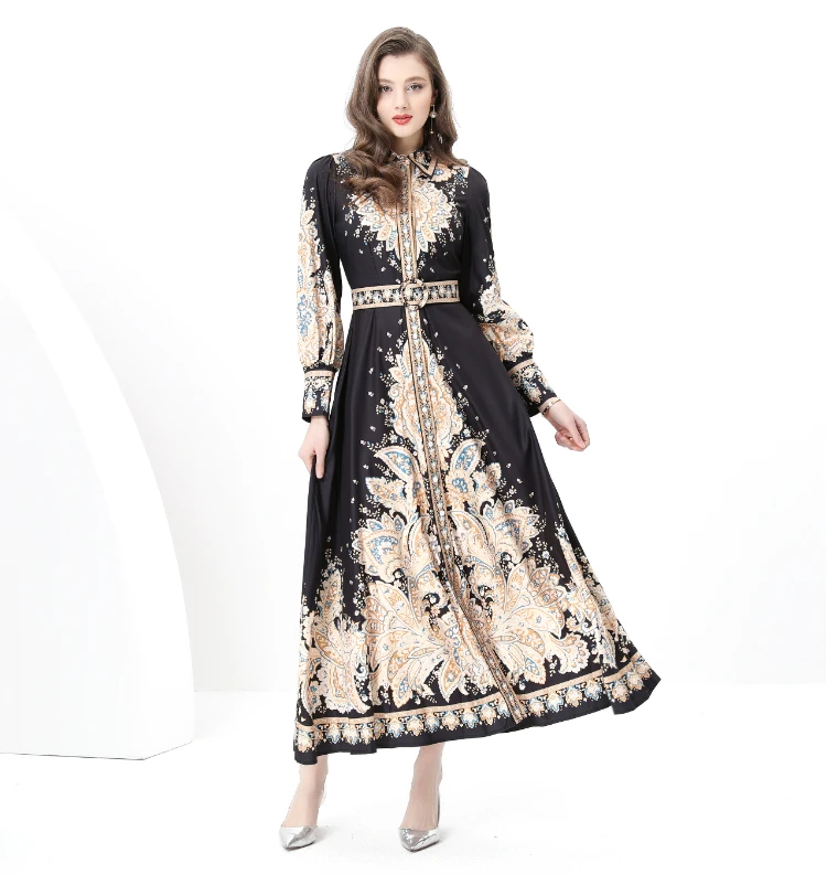 ZAROY Luxus Vintage Langes Kleid Frauen Palast Print Runway Kleid Herbst Langarm Hohe Taille A-linie Elegante Vestido فسات xaة