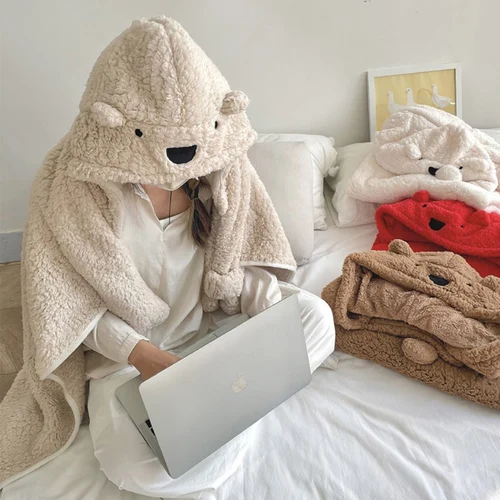 곰돌이후드담요/겨울담요/망토담요/후드담요/입는담요/숄 망토/무릎담요/양털 담요/블랭킷