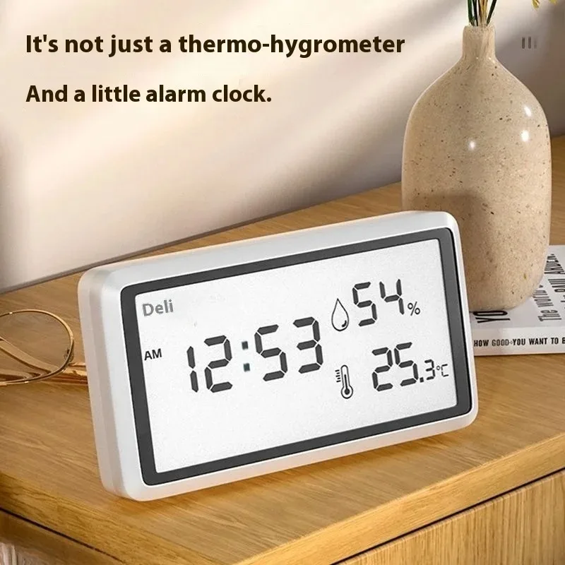 DELI Digital Thermometer Hygrometer Multifunctional Temperature Humidity Meter Desktop Environment Monitor For Home Office