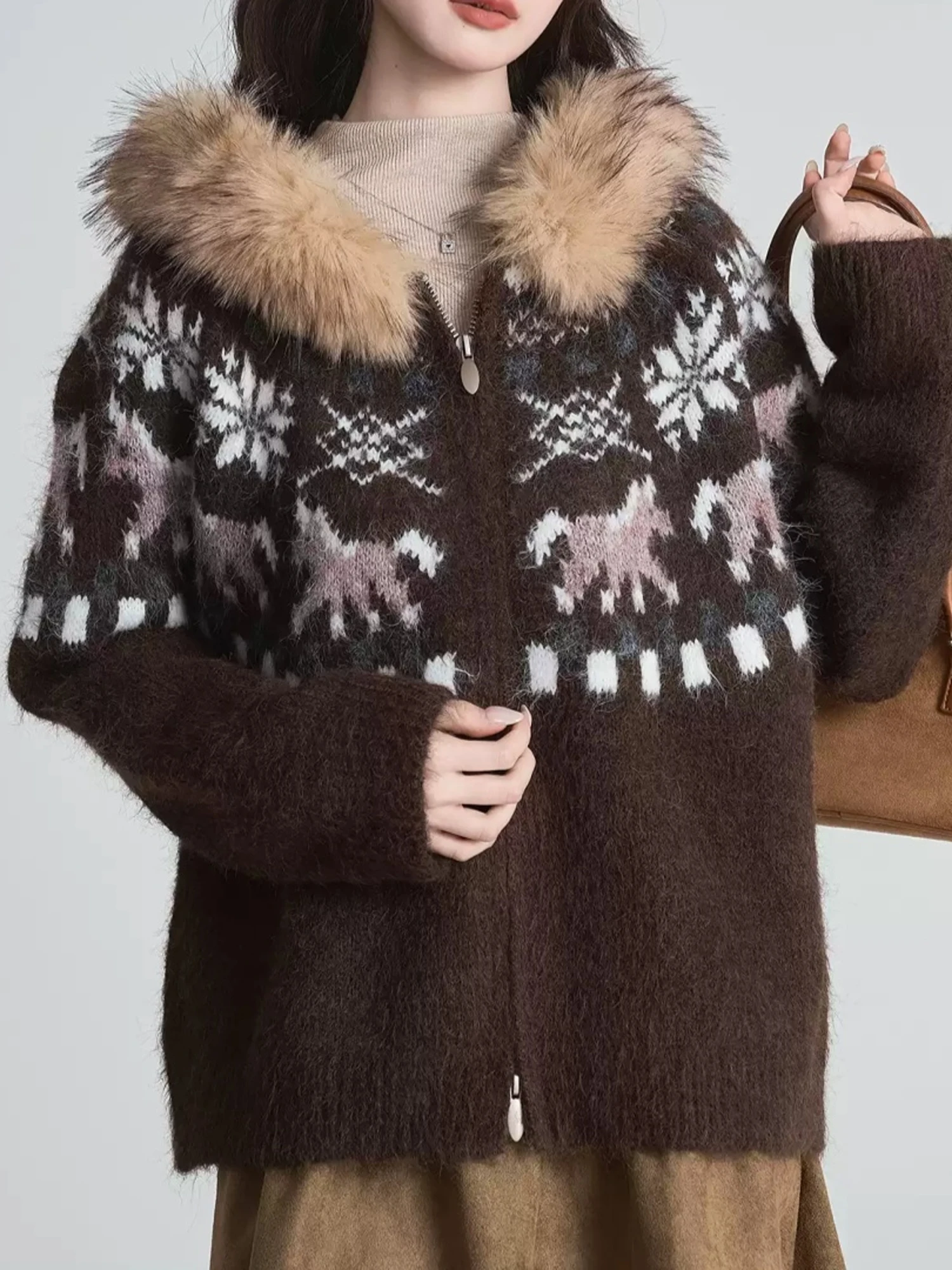 Korean Style Hooded Faux Fur Collar Soft Cozy Knitted Open Cardigan Color Block Vintage Warm Sweater Coat for Women