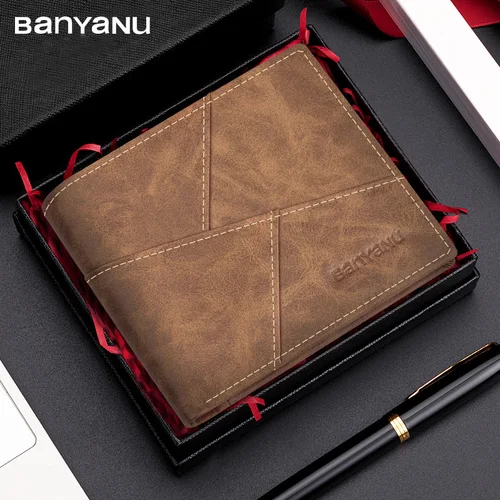 Imagen 1 del producto BANYANU-cartera de cuero genuino antirrobo para hombre, cartera corta de piel de vaca con capa superior Retro, bolso de comercio exterior, 2024