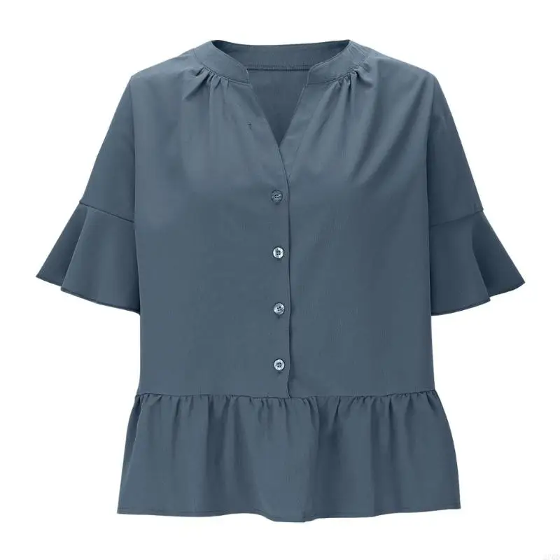 Chemisier plissé d'été à manches à volants pour femmes, col en V, boutons, chemises décontractées Y2K, tenues mignonnes, hauts à
