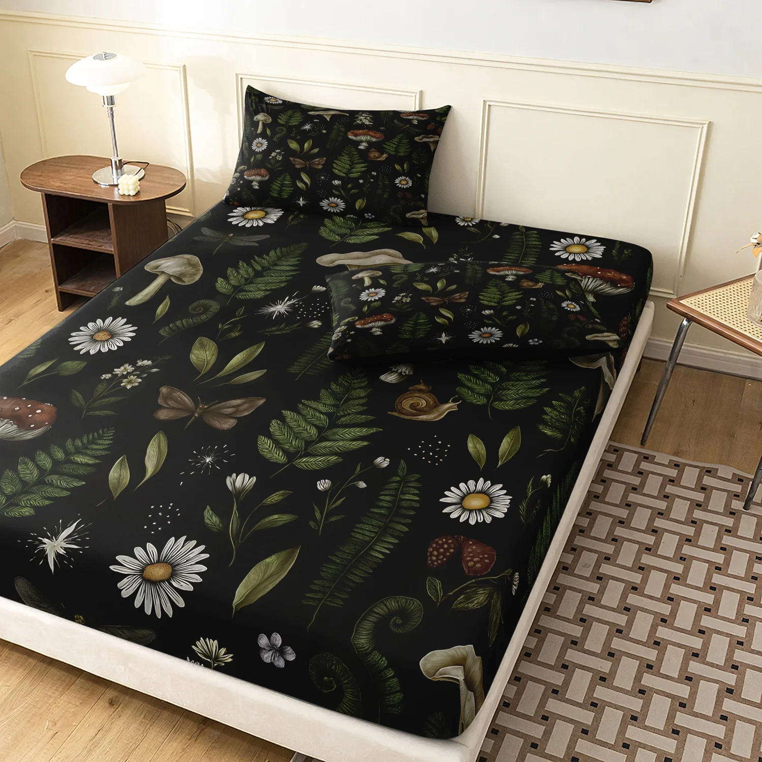 Vintage Dark Forest Botanical Print Fitted Sheet Set, 3 Pieces Mushroom Daisy Fern Snail Cottagecore Nature Pattern Bedding