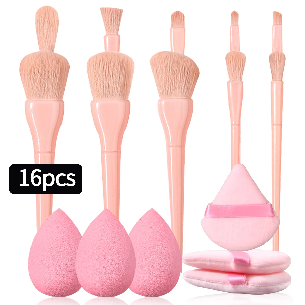 16PCS 10 makeup brushes set of beginner makeup tools +6pcs sponge set, triangular powder puff, do not eat powder makeup eggs