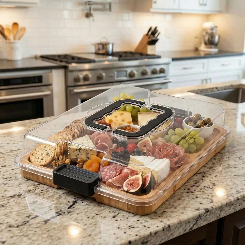 Multipurpose Wooden Charcuterie Board Transparent Acrylic Lid Square Biscuit Snacks Platter Durable Cheese Platter Camping
