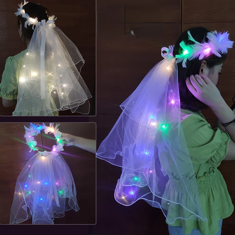 12pcs  Girls Glow Lighted Veil Headdress Garland Hair Accessories Lace Mesh  Birthday Party  Halloween Christmas Festival