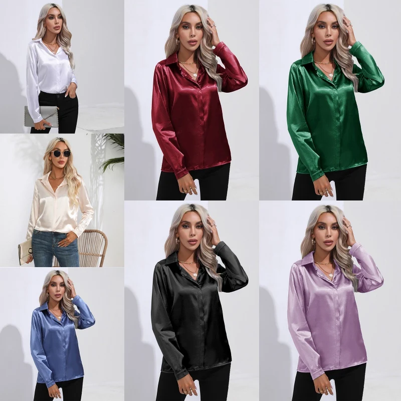 Women Dress Shirts Long Sleeve Blouses Female Shirts Satin Silk Button Down Shirts