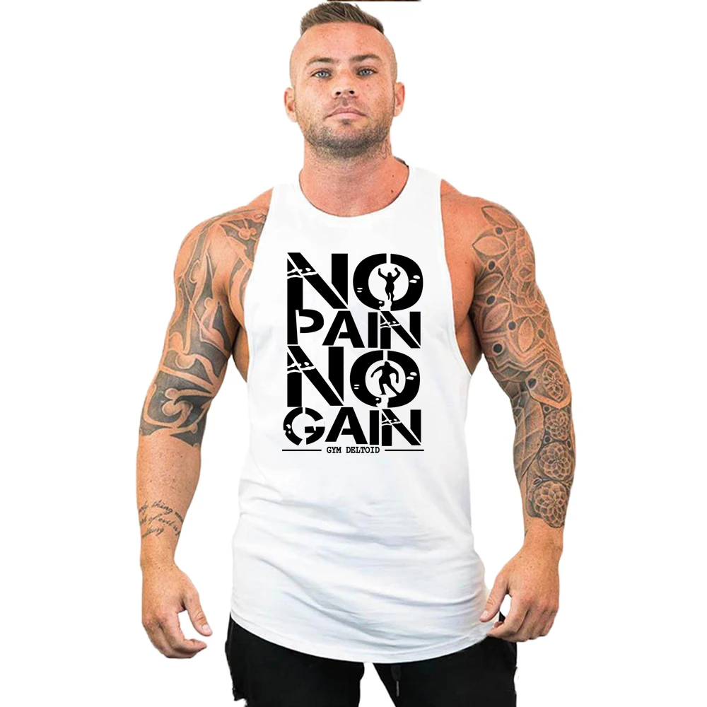 Men\'s Vest Gym Sport Fitness Cotton No Pain No Gain Tank Top Summer New Outdoor Basketball Training Sleeveless Running Vest Top