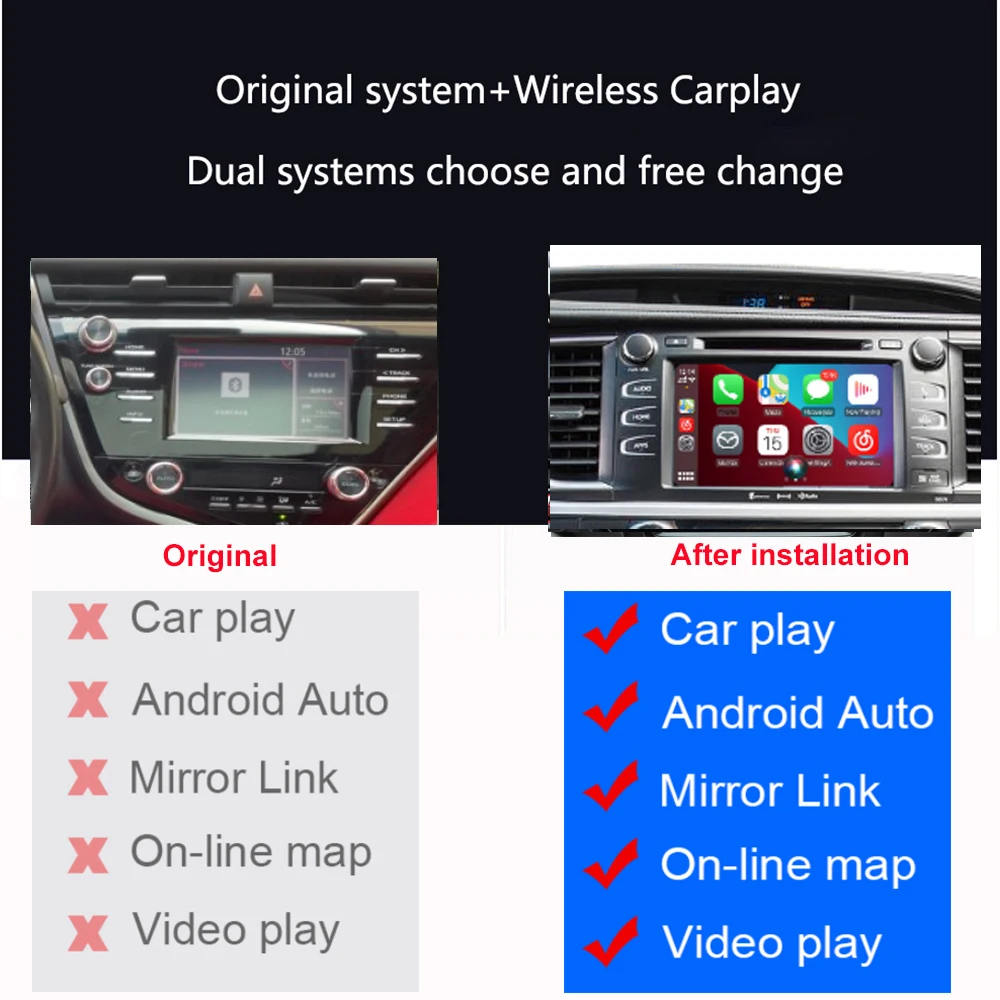 وحدة أوتوماتيكية لاسلكية تعمل بنظام أندرويد Apple Carplay لتويوتا 2014-2019 كامري كورولا هايلاندر تندرا أوريس بريوس RAV4 أفينسيس فيرسو