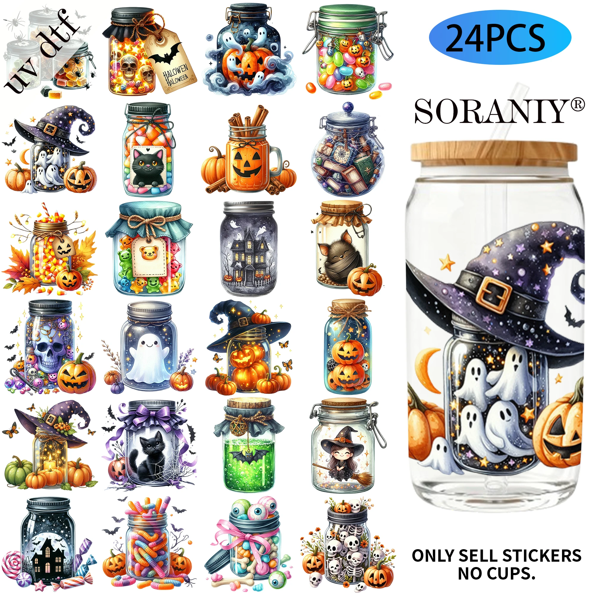 24PCS/Set Halloween Mason Jar  Themed UV DTF 16OZ DIY Transfer Paper Set Golden Text Used For 16oz Water Bottles Glass