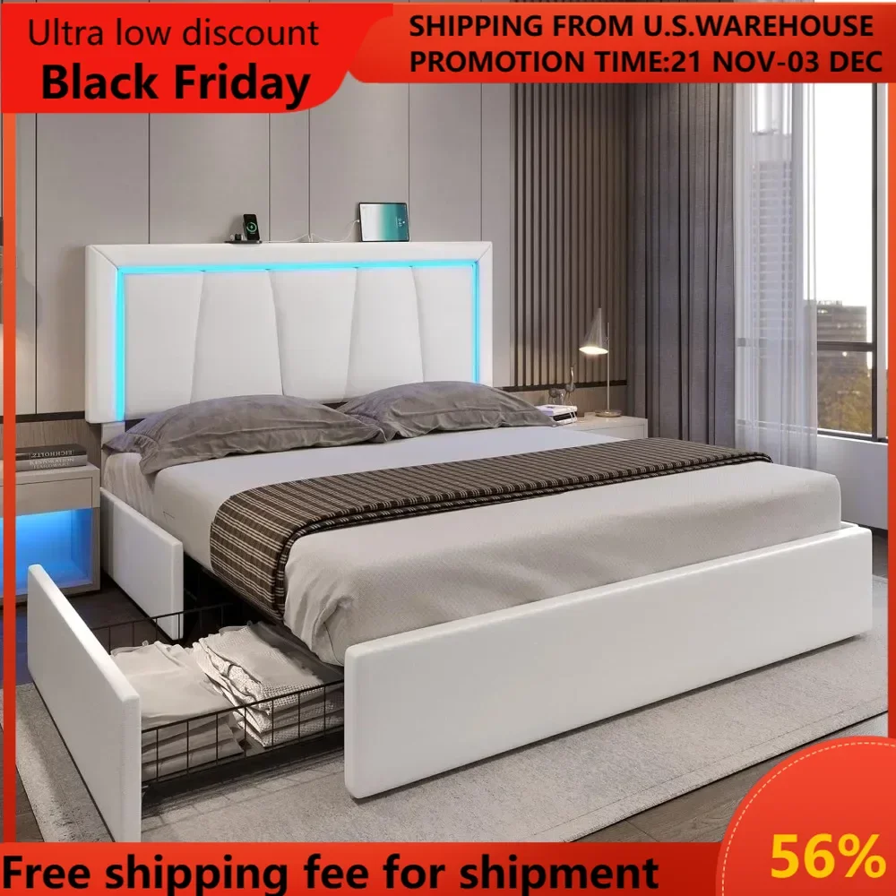 Queen Size LED Bed Frame, with Storage Drawer and USB Port, Modern Faux Leather Upholstered Headboard