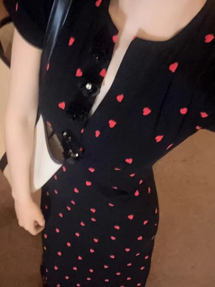 Vestido ROUJE KEFSS de Verano, Sexy, con Cintura Ajustada, Cuello en V, Manga Corta, Estampado de Corazones, Falda Larga en L...