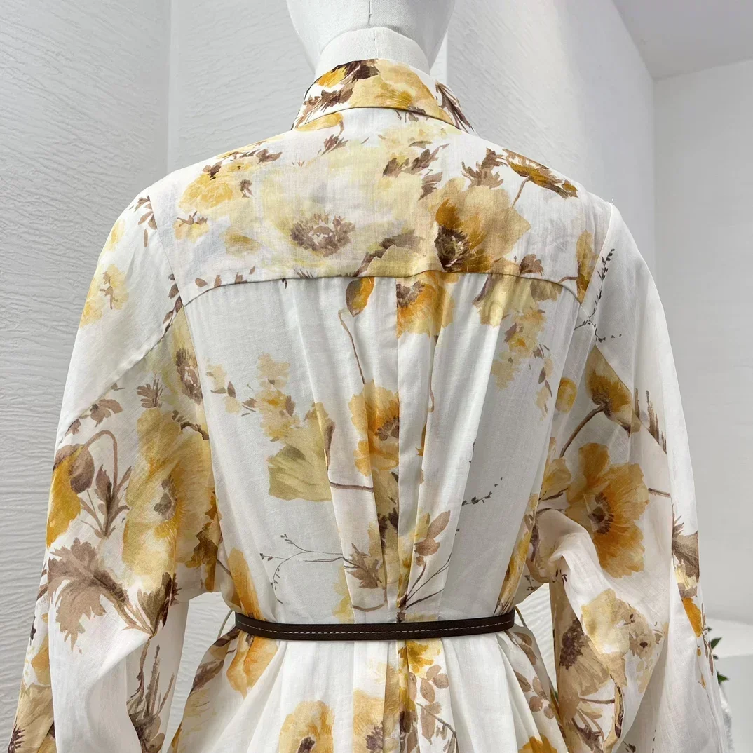 2024 New High Quality Ramie Women Clothes Light Yellow Floral Print Long Sleeve Loose Midi Dress for Holiday