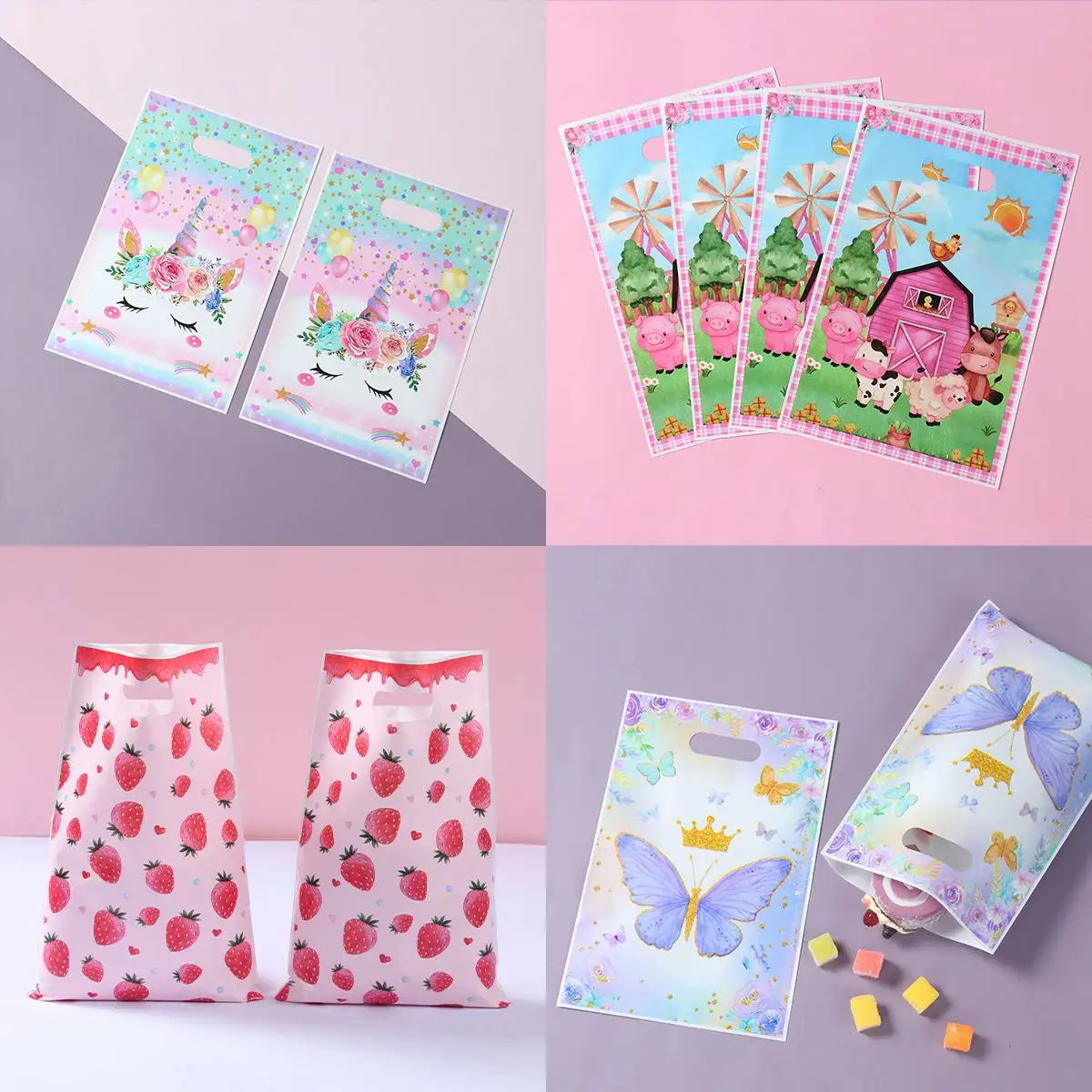 Children's Party Candy Bags Unicorn Farm Strawberry Butterfly Party Decoration Kids Girls Gift Bag 1st Birthday Party Supplies