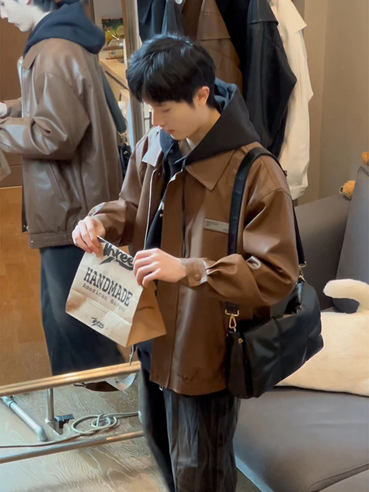 

Browan PU Leather Jaet Men's Sli Cool Spring Autumn Motorcycle Clothes Flip Collar Workwear Jaet American Sle