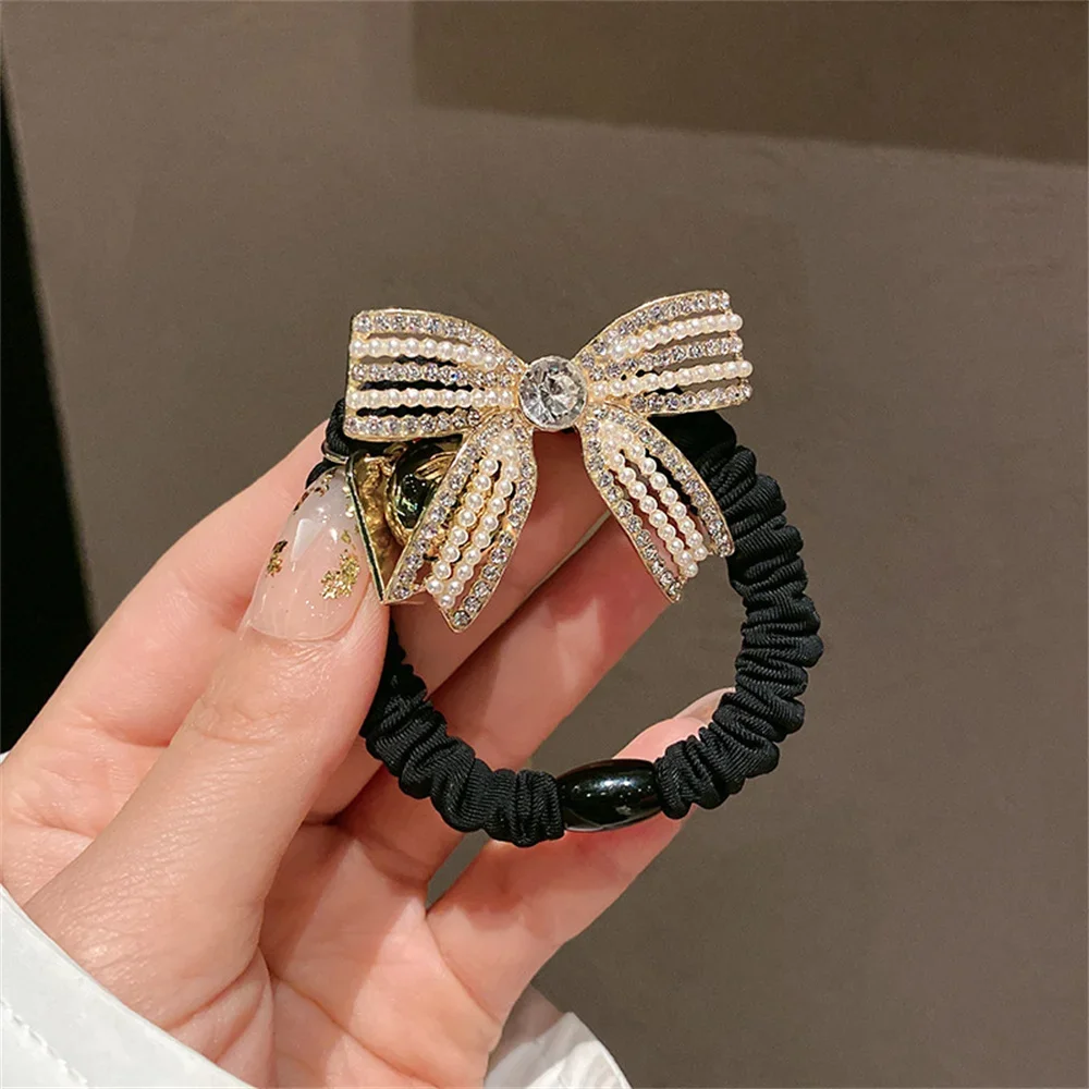 Fashion Imitation Pearl Rhinestone Bowknot Hair Rope Elegant Solid Color Bow Hair Ring Women Girls Ponytail Bun Hairband Gifts