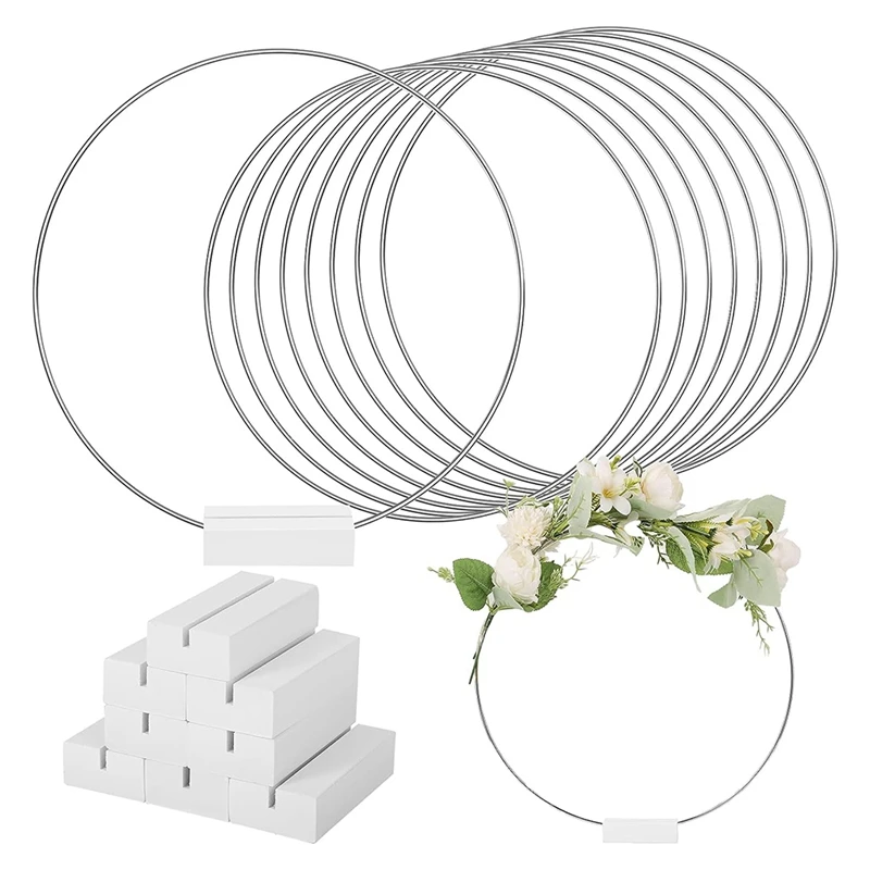 10 PCS 25Cm Wooden Stand Wreath Silver Floral Hoop Centerpiece For Table Macrame Silver Hoop Rings For DIY Crafts(White)