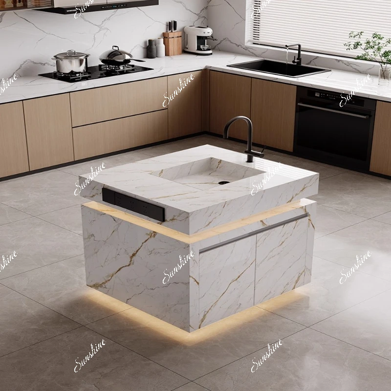 Light luxury rock slab can be customized, separate mid-island table dining table integrated locker