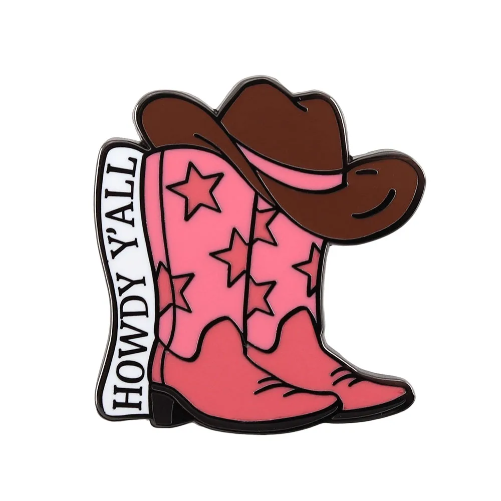 Amerikanischer Western-Stil, rosa Cowboy-Stiefel-Brosche, HOWDY Y'ALL, Retro-Abzeichen, ländliche Kultur, Metallnadel, Rucksack-Dekoration, Emaille-Nadel – Detail 1
