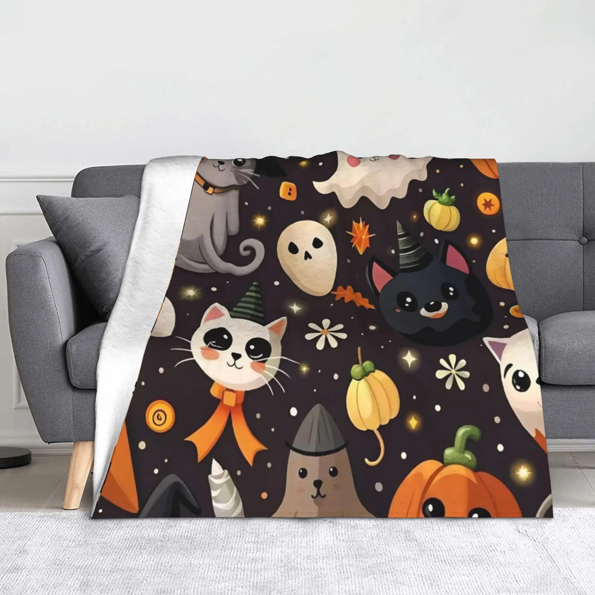 Halloween Blankets Velvet All Season Cats Ghosts Witch Multi-function Lightweight Throw Blankets for Bedding Office Quilt