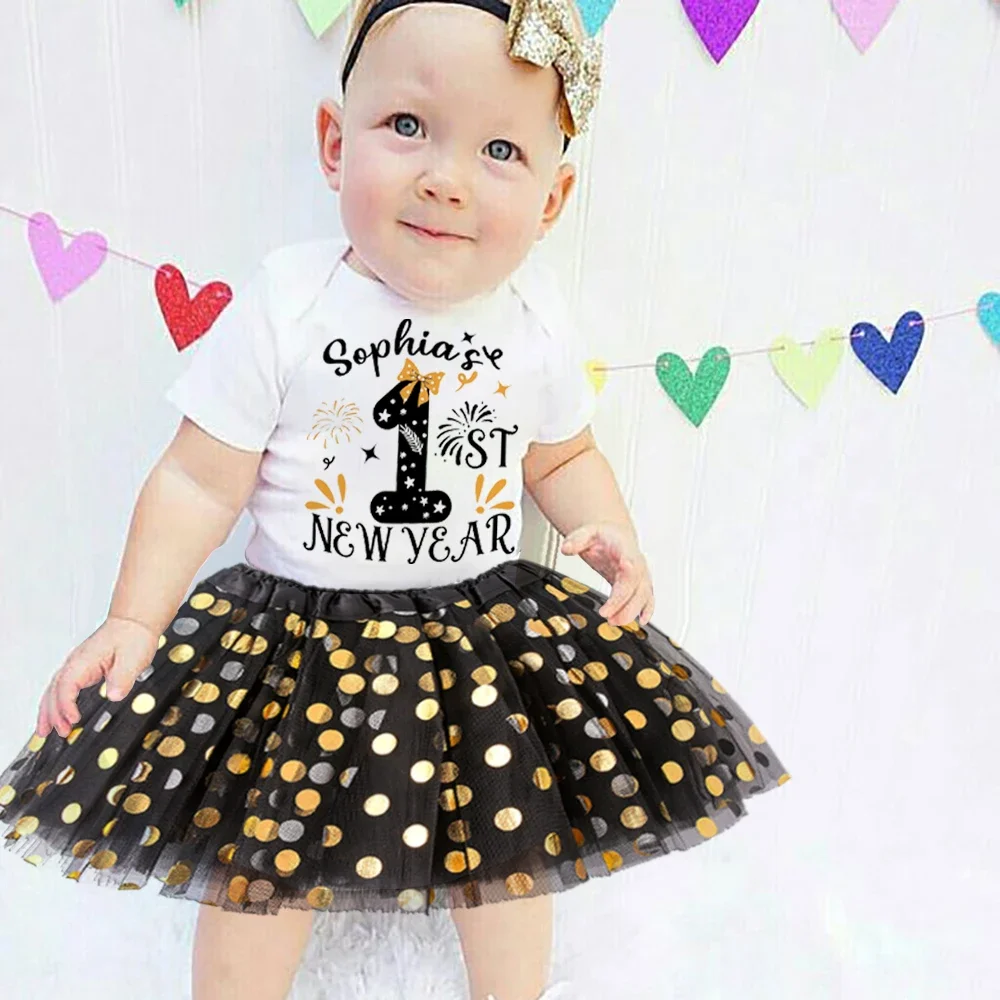 Personalized First New Year Baby Girl Dresses Custom Sequin Tutu Skirts Girls Cute Clothes New Year Party Baby Girl Outfits Gift