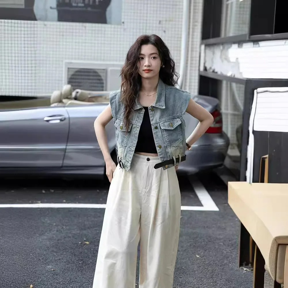 

Женский джинсовый жилет ort Sle Summer Autumn Faion Vintage Loose Fit oulder Pad Sve Верхняя одежда Топ