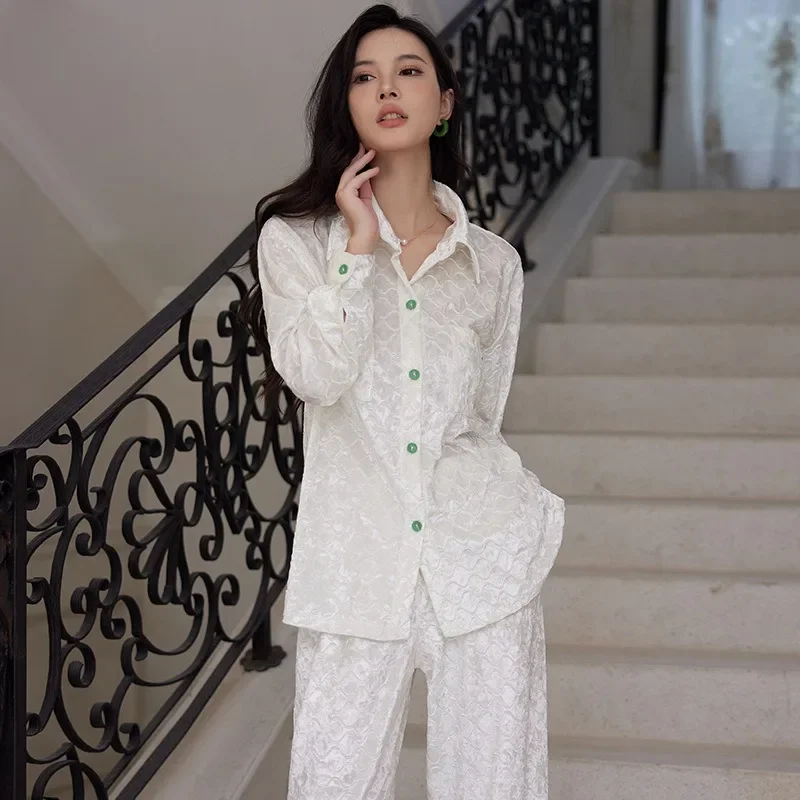 Pleated Senior Sense of Pajamas Set of Gold Diamond Velvet Fall and Winter Fashion and Elegant Gold Velvet Women Sleepwear New