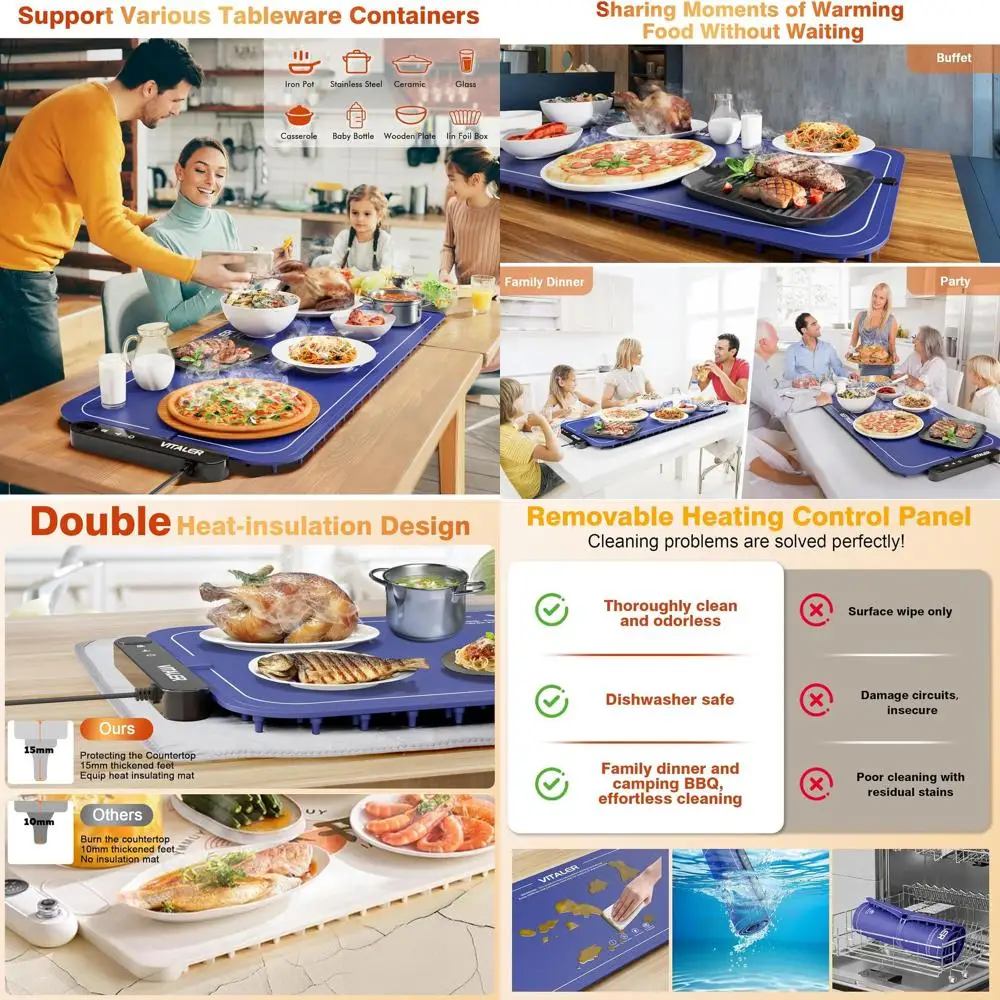 

Электрический коврик для подогрева пищевых продуктов XXL — большой поддон для подогрева поверхности 35x16 с 6 уровнями температуры и 6-часовым таймером