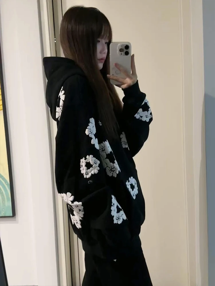 Moletom feminino solto com capuz floral fong estampa casual rua sle casaco outono inverno design sentido casal preguiçoso sle jaet