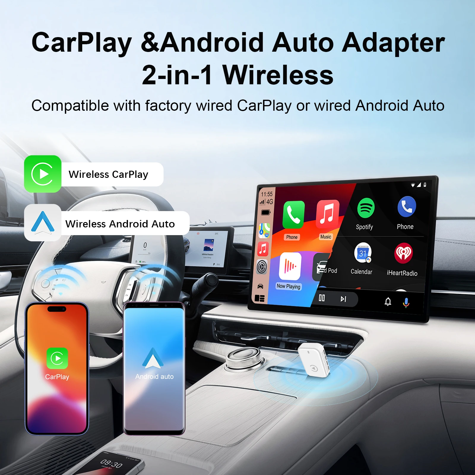 Ezonetronics Wireless CarPlay Android-Autoadapter für werkseitig verkabeltes Auto, kabelloses CarPlay und Android Auto 2-in-1