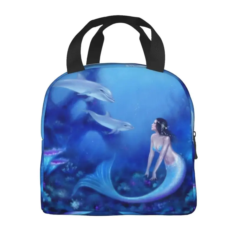 Custom Beautiful Mermaid And Dolphins Lunch Bag Women Ocean Fantasy Art Thermal Cooler Insulated Lunch Box for Adult Office