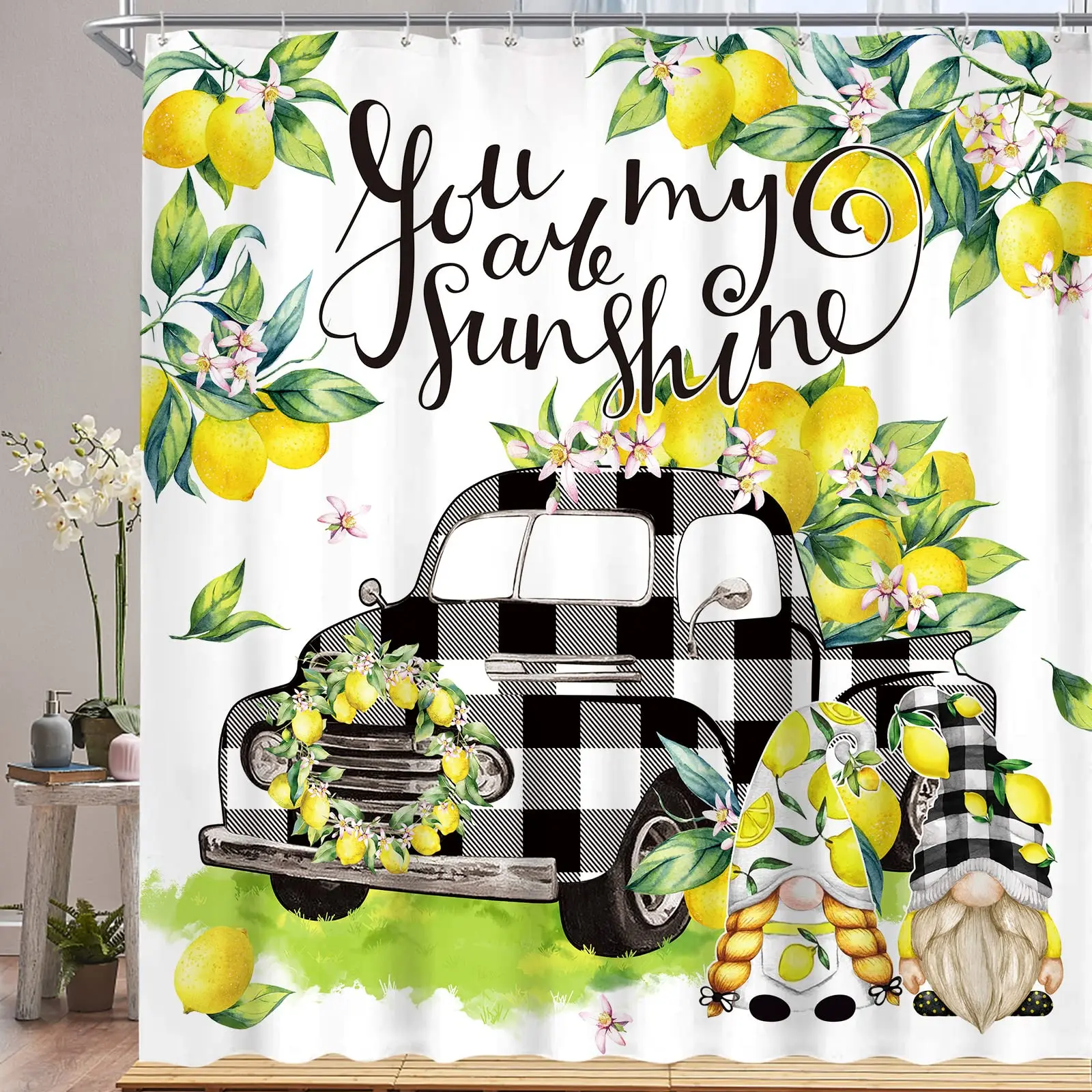 Spring Shower Curtain, Flowers Lemons Agriculture Harvest Aroma Organic Watercolor Art Waterproof Cloth Fabric Bathroom Curtains