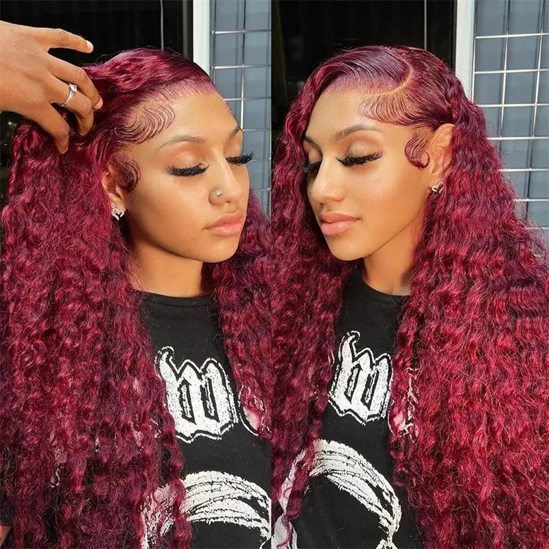 Soft Long 26Inch Burgundy Kinky Curly 180Density Lace Front Wig For Black Women Baby Hair Preplucked Daily Glueless Wig