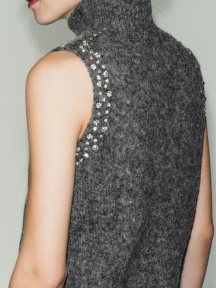 

Шикарный серый пуловер без рукавов с бриллиантами, женский модный однотонный короткий свитер с высоким воротником, женские повседневные уличные пуловеры