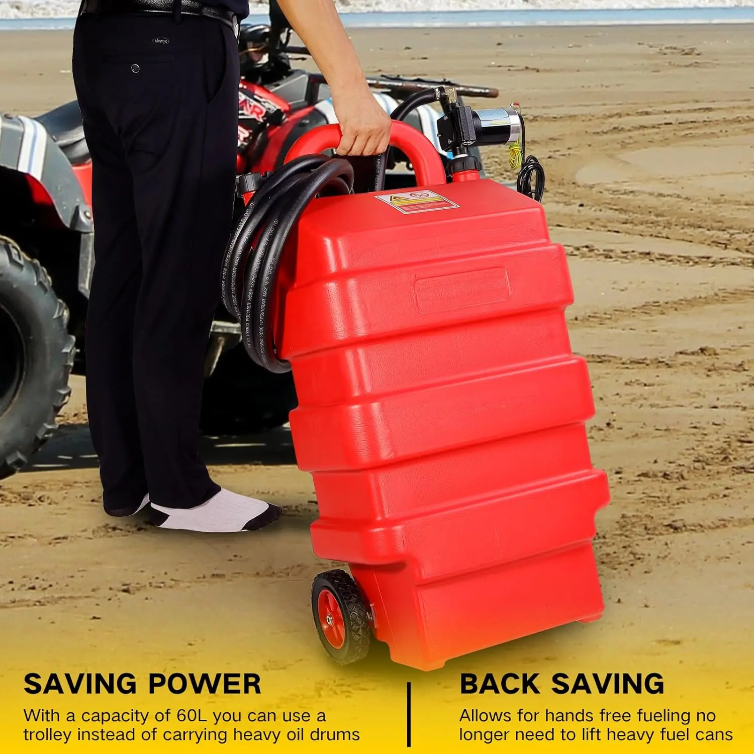 16 Gallon 60L Portable Fuel Caddy Tank with 12V DC Electric Gasoline Diesel Fuel Transfer Switch Control Wheels for Gasoline