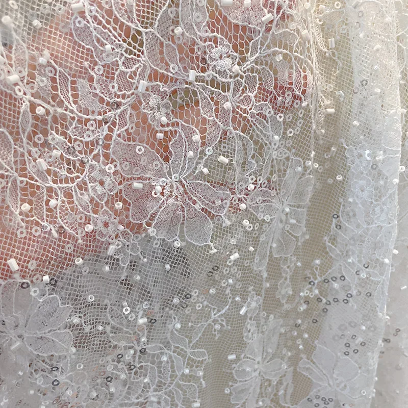 Haute Couture Exquisite Bead Elegant White Lace Fabric Soft Texture Sequin Wedding Dress Background Decoration Accessories