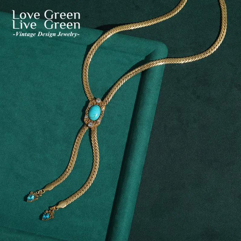 

Long Retro Adjustable Chain Pendant Necklace Woman Natural Stone Turquoise Vintage Gold Color Luxury Jewelry Designers 2025 New