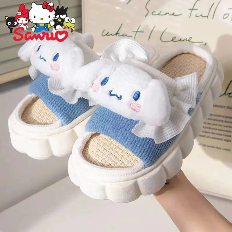 MINISO Melody Kuromi Hello Kitty Cinnamoroll Pochacco Linen Slippers Home Soft Thick Bottom Non-slip Breathable Seasonal Slipper