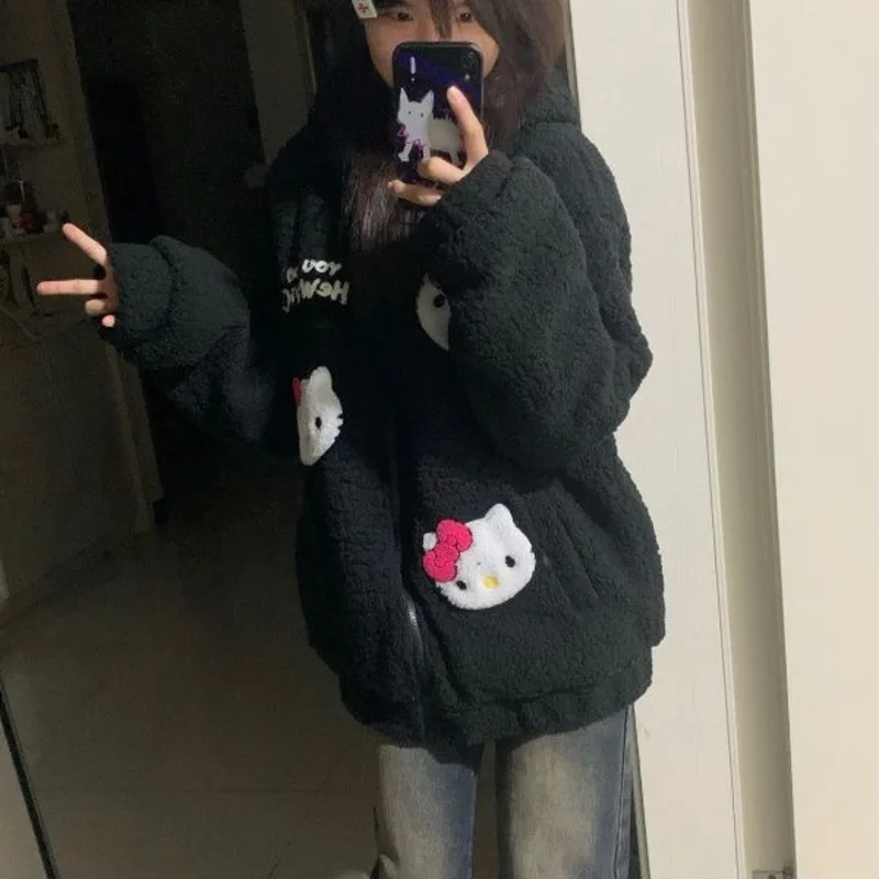 Cute Embroidered Hello Kitty Zipper Coat for Women Y2k Autumn and Winter Faux-cashmere Hooded Jacket Cardigan with Thick Fleece