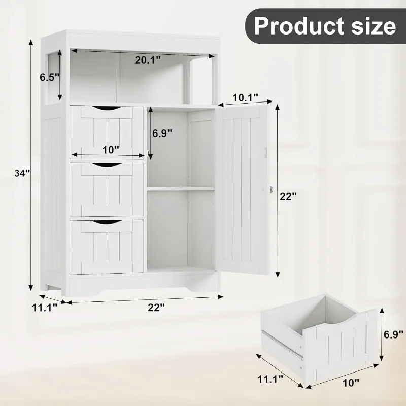 Mobiletto portaoggetti da bagno, armadio da pavimento indipendente con 1 anta e 3 cassetti per cucina, soggiorno, bianco