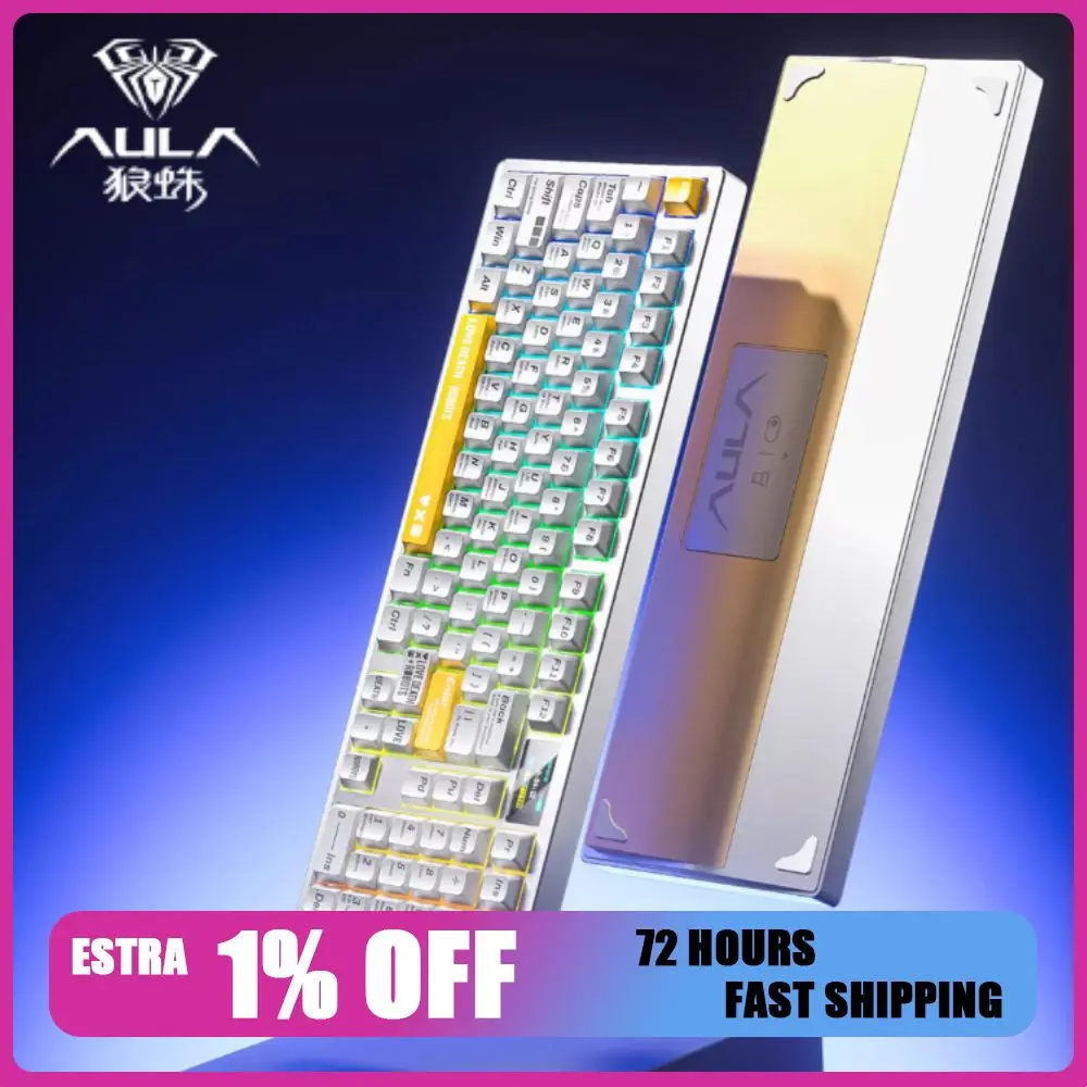

Механическая клавиатура AULA Fire100, 3 режима, игровая клавиатура из алюминиевого сплава, 8000 мАч, прокладка RGB, аксессуар для геймера с горячей заменой и экраном