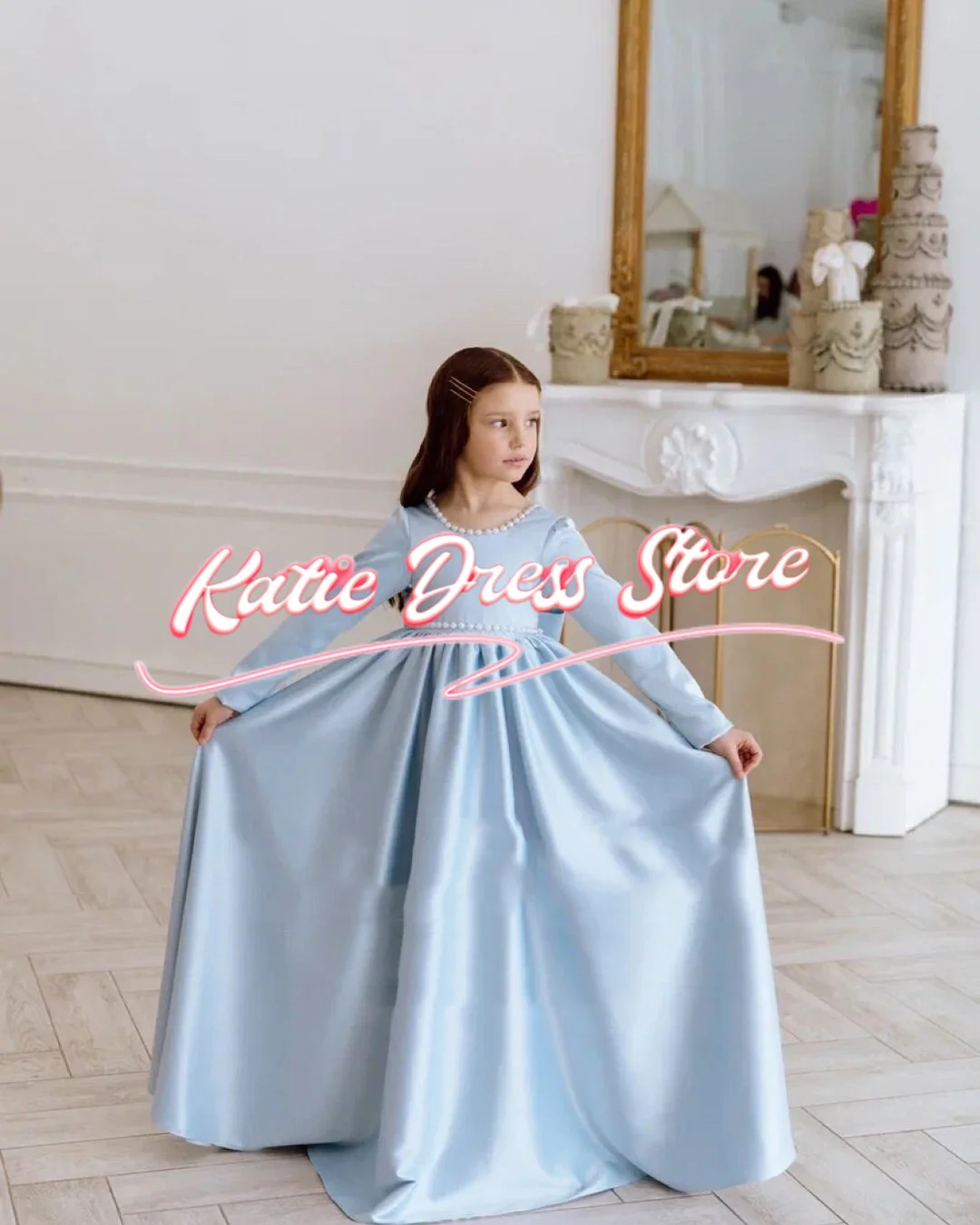 Vestido floral azul céu personalizado para casamento, cetim, pérolas inchadas, arco, festa de aniversário infantil, primeira comunhão, vestidos de baile