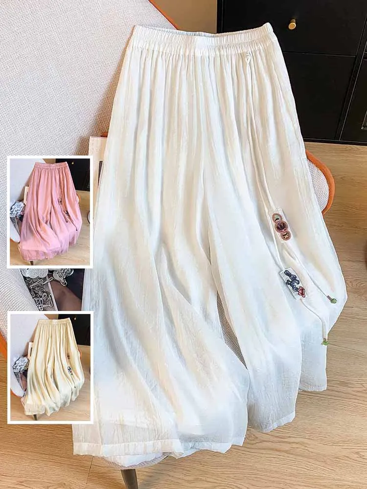 

Этнические вышитые широкие брюки из шелка с эластичным поясом, повседневные свободные прямые леггинсы для женщин больших размеров, летняя повседневная одежда