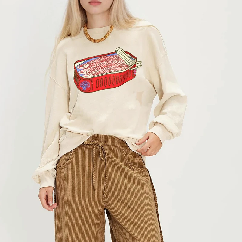 Damska luźna bluza Combhasaki w stylu Y2k z nadrukiem wieloryba/konia, z długim rękawem, okrągłym dekoltem, codzienna bluza oversize z kapturem.